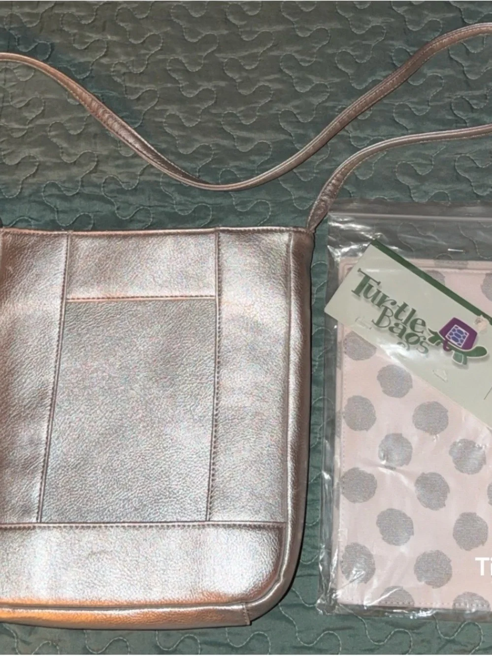 Turtle bags Women’s Metallic Brown Crossbody Bag with Polka Dot Panel